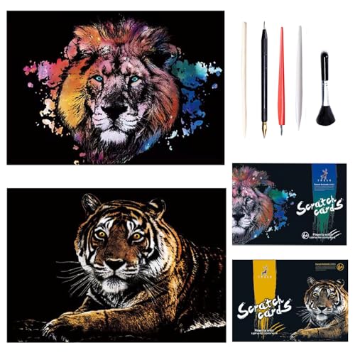 Georgie Porgy Kratzbilder Set DIY Bastelsets für Kinder Erwachsene Magic Rainbow Scratch Paper A3 Tier Kratzpapier für Weihnachten Geburtstagsgeschenk mit Kratzwerkzeuge Kit (A3-Löwe + Tiger) von Georgie Porgy