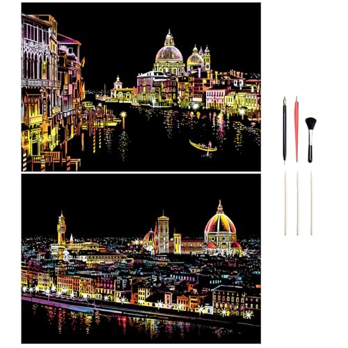 Georgie Porgy Kratzbilder Set DIY Bastelsets für Kinder Erwachsene Magic Scratch Paper A3 Stadt Kratzpapier für Weihnachten Geburtstagsgeschenk mit Kratzwerkzeuge Kit (A3-Venedig + Florenz) von Georgie Porgy