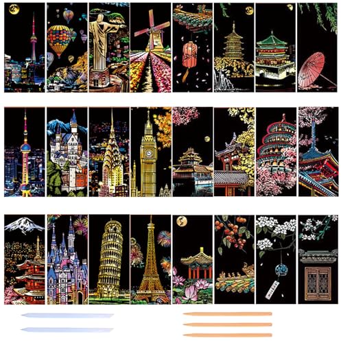 Georgie Porgy Kratzbilder Set DIY Bastelsets für Kinder Erwachsene Magic Scratch Paper Lesezeichen für Weihnachten Geburtstagsgeschenk mit Kratzwerkzeuge Kit (Berühmte Landschaft+Antiker Stil) von Georgie Porgy