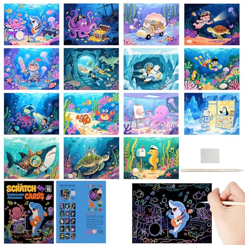 Georgie Porgy Kratzbilder Set DIY Bastelsets für Kinder Magic Rainbow Kratzbuch Kratzpapier für Kreativ Weihnachten Geburtstagsgeschenk für Jungen Mädchen (Unterwasserwelt Abenteuer) von Georgie Porgy