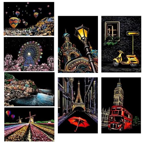 Georgie Porgy Kratzbilder Set DIY Bastelsets für Kinder Magic Rainbow Kratzpapier A4 Postkarten für Weihnachten Geburtstagsgeschenk mit Kratzwerkzeuge Kit (Europe+Straßenecke) von Georgie Porgy
