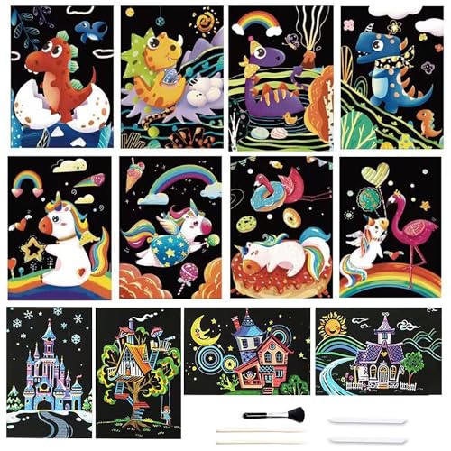 Georgie Porgy Kratzbilder Set DIY Bastelsets für Kinder Magic Rainbow Kratzpapier Postkarte für Weihnachten Geburtstagsgeschenk (Dinosaurier Einhorn) von Georgie Porgy