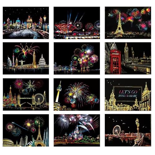 Georgie Porgy Kratzbilder Set DIY Bastelsets für Erwachsene Kinder Magic Rainbow Kratzpapier Postkarte für Weihnachten Geburtstagsgeschenk (A5 Postkarte-Europäisch+Feuerwerk+Architektur) von Georgie Porgy