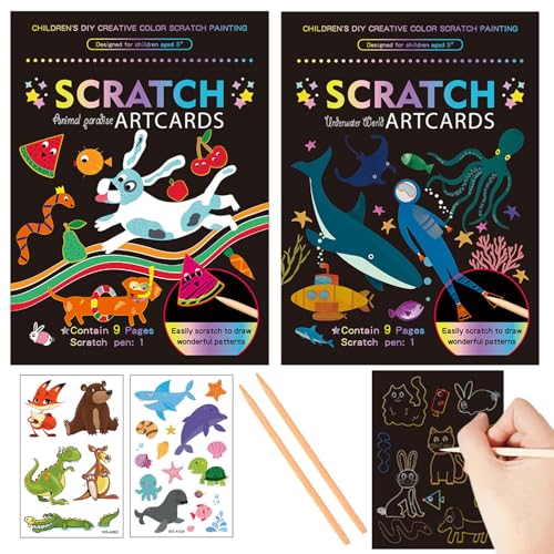 Georgie Porgy Kratzbilder Set DIY Bastelsets für Kinder Magic Rainbow Scratch Paper Kratzpapier Kratzbuch Ostern Weihnachten Geburtstagsgeschenk für Jungen Mädchen (Tierparadies Unterwasserwelt) von Georgie Porgy