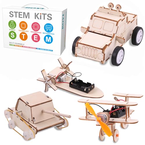 Georgie Porgy STEM Kits für Kinder Experimentierkasten 3D Holzpuzzles STEM Spielzeug Wissenschafts Sets DIY Modellbau Bastelsets Geburtstagsgeschenke für Jungen Mädchen (Auto Flugzeug Schiff Panzer) von Georgie Porgy