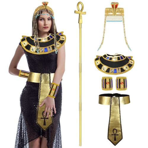 Geosar 5 Stück Halloween Ägyptische Pharao/Kleopatra Kostüm Zubehör Kopfbedeckung Hut Stock Gürtel Kragen Armbänder für Männer Frauen Mehrfarbig von Geosar