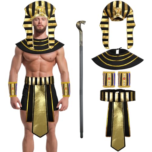Geosar 5-teiliges ägyptisches Halloween-Kostüm-Zubehör-Set beinhaltet Pharao, Kopfbedeckung, Hut, Kobra, Gehstock, Gürtel, Halsband, Armbänder für Herren, Mehrfarbig, Einheitsgr��e von Geosar