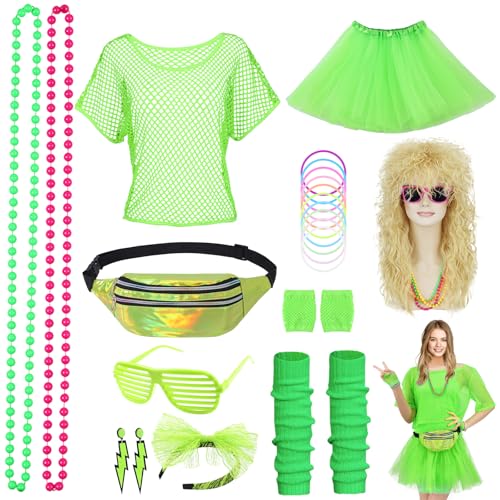 80er 90er Jahre Outfit Damen 80 Jahre Kostüm Zubehör Set Retro Neon Kostüm Party 80er Jahre Kleidung Frauen Set für Karneval Bad Taste Mottoparty mit 80er 90er Perücke Blond Netzshirt Grün 054G von Geplaimir