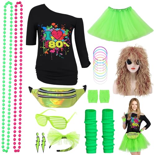 80er Jahre Outfit Damen, Neon Kostüm Damen Faschingskostüm 80er Jahre Erwachsener Mottoparty Outfit Kleidung für Karneval Fastnacht mit Neon Zubehör Tüllrock Gürteltasche Stirnband, Grün, G087L 80er Jahre Outfit Damen, Neon Kostüm Damen Faschingskostüm 80er Jahre Erwachsener Mottoparty Outfit Kleidung für Karneval Fastnacht mit Neon Zubehör Tüllrock Gürteltasche Stirnband, Grün, G087L von Geplaimir