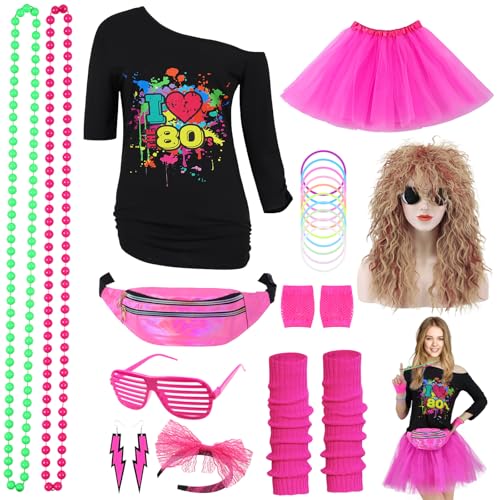 80er Jahre Outfit Damen, Neon Kostüm Damen Faschingskostüm 80er Jahre Erwachsener Mottoparty Outfit Kleidung für Karneval Fastnacht mit Neon Zubehör Tüllrock Gürteltasche Stirnband, Rot, G086XXXL 80er Jahre Outfit Damen, Neon Kostüm Damen Faschingskostüm 80er Jahre Erwachsener Mottoparty Outfit Kleidung für Karneval Fastnacht mit Neon Zubehör Tüllrock Gürteltasche Stirnband, Rot, G086XXXL von Geplaimir
