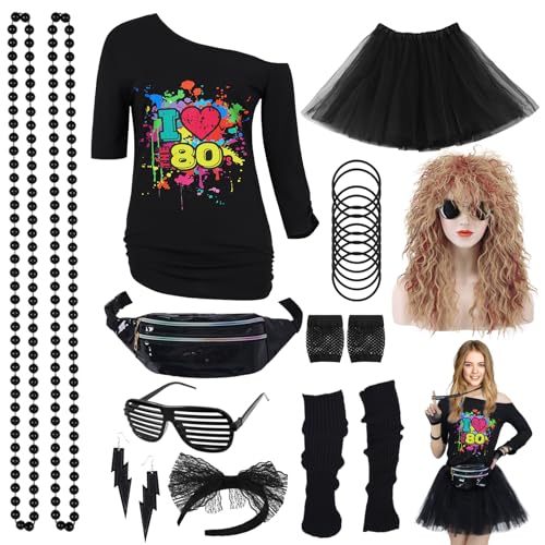 80er Jahre Outfit Damen, Neon Kostüm Damen Faschingskostüm 80er Jahre Erwachsener Mottoparty Outfit Kleidung für Karneval Fastnacht mit Neon Zubehör Tüllrock Gürteltasche Stirnband, Schwarz, G088XXL 80er Jahre Outfit Damen, Neon Kostüm Damen Faschingskostüm 80er Jahre Erwachsener Mottoparty Outfit Kleidung für Karneval Fastnacht mit Neon Zubehör Tüllrock Gürteltasche Stirnband, Schwarz, G088XXL von Geplaimir