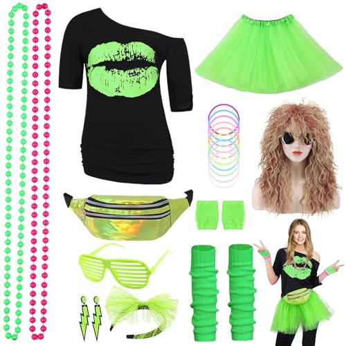 80er Jahre Outfit Damen 80er Jahre Kleidung Frauen Kostüm Accessoires Set mit T-Shirt 80er Perücke Tutu Bauchtasche Stirnband Ohrring Halskette Netzhandschuhe Thema Retro Neon Party Grün 053GXXL von Geplaimir