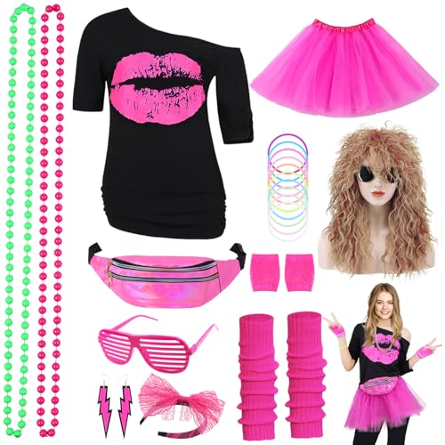 80er Jahre Outfit Damen 80er Jahre Kleidung Frauen Kostüm Accessoires Set mit T-Shirt 80er Perücke Tutu Bauchtasche Stirnband Ohrring Halskette Netzhandschuhe Thema Retro Neon Party Rosa 053RXL von Geplaimir