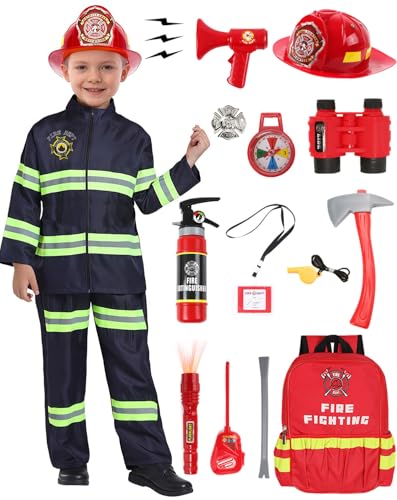 Feuerwehrmann Kostüm Set für Kinder Jungen Mädchen mit 14 Feuerwehrspielzeug Accessoires Wasser-Feuerlöscher Feuerwehrhelm Feuerwehr Spielzeug für Karneval Halloween Feuerheld 3-12 Jahre G040L von Geplaimir