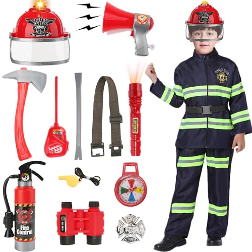 Feuerwehrmann Kostüm Set für Kinder Jungen Mädchen mit 14 Feuerwehrspielzeug Accessoires Wasser-Feuerlöscher Feuerwehrhelm Feuerwehr Spielzeug für Karneval Halloween Feuerheld 3-12 Jahre G040XXL von Geplaimir