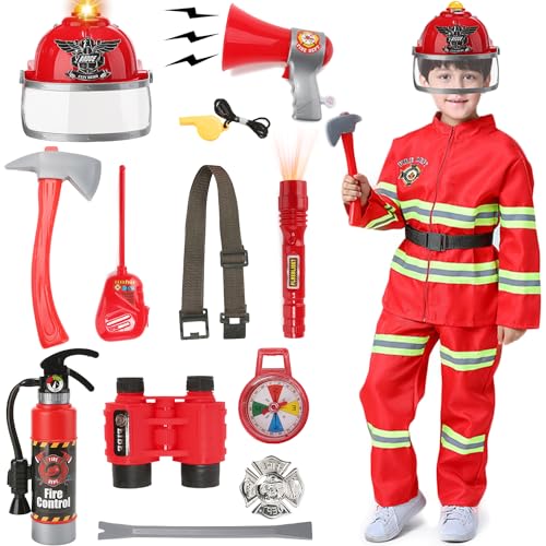 Feuerwehrmann Kostüm Set für Kinder Jungen Mädchen mit 14 Feuerwehrspielzeug Accessoires Wasser-Feuerlöscher Feuerwehrhelm Feuerwehr Spielzeug für Karneval Halloween Feuerheld 3-12 Jahre G039L von Geplaimir