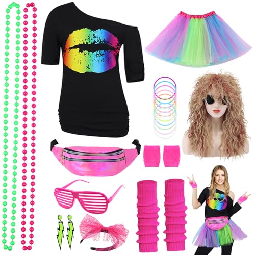 Geplaimir 80er Jahre Outfit Damen 80er Jahre Kleidung Frauen Kostüm Accessoires Set mit T-Shirt 80er Perücke Tutu Bauchtasche Stirnband Ohrring Netzhandschuhe Thema Retro Neon Party Regenbogen 053CL von Geplaimir