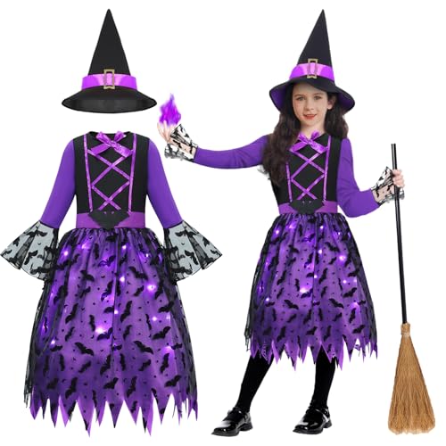 Geplaimir Hexenkostüm Kinder Hexen Kostüm Mädchen Karneval Zauberer Kostüm Mit Licht Hexenkleid mit Hexenhut Hexenbesen Leuchtende Witcher Kostüm Outfit Set für Fasching Halloween G073XS von Geplaimir