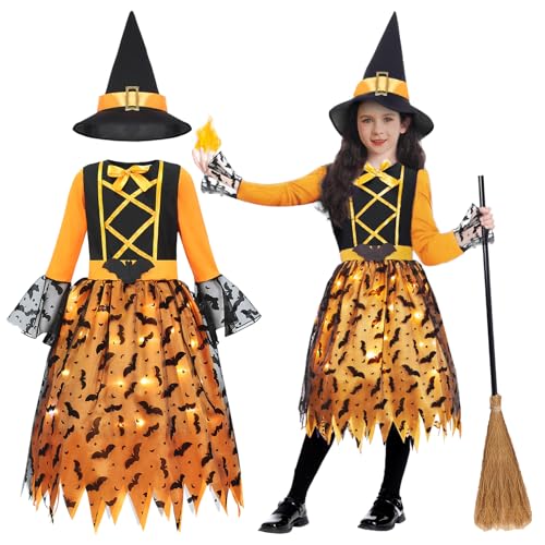 Geplaimir Hexenkostüm Kinder Hexen Kostüm Mädchen Karneval Zauberer Kostüm Mit Licht Hexenkleid mit Hexenhut Hexenbesen Leuchtende Witcher Kostüm Outfit Set für Fasching Halloween G074L von Geplaimir