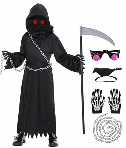 Geplaimir Sensenmann Kostüm Kinder Grim Reaper Kinderkostüm Sense SchädeHandschuhe Krähe Halloween Geisterkostüm Skelettkostüm für Jungen Mädchen G078S Geplaimir Sensenmann Kostüm Kinder Grim Reaper Kinderkostüm Sense SchädeHandschuhe Krähe Halloween Geisterkostüm Skelettkostüm für Jungen Mädchen G078S von Geplaimir