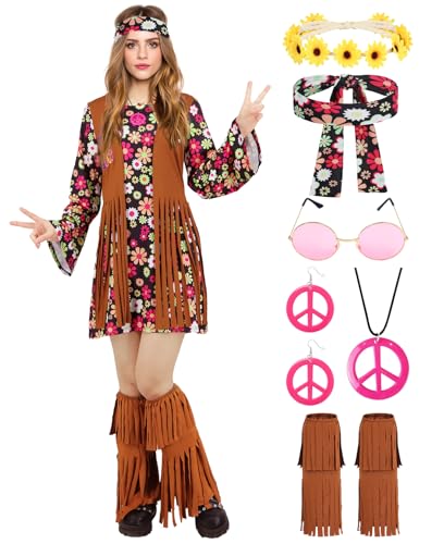 Hippie Kostüm Damen Kleid Set 70er Jahre Faschingskostüme Disco Mottoparty Outfit 60er Bekleidung Frauen für Karneval Weiberfastnacht mit Hippi Kette Ohrringe Stirnband Brille Brosche 082XXL Hippie Kostüm Damen Kleid Set 70er Jahre Faschingskostüme Disco Mottoparty Outfit 60er Bekleidung Frauen für Karneval Weiberfastnacht mit Hippi Kette Ohrringe Stirnband Brille Brosche 082XXL von Geplaimir