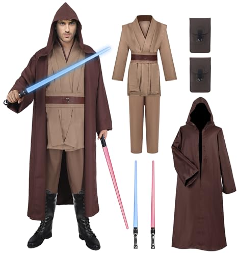 Jedi Kostüm für Herren mit Blau Rot Lightsaber, Obi Wan Kenobi Tunika Kapuzenmantel Outfit Umhang mit Kapuze Mittelalterlich Hoodies Jedi Robe Cosplay Set für Männer Halloween Karneval G059-XL Jedi Kostüm für Herren mit Blau Rot Lightsaber, Obi Wan Kenobi Tunika Kapuzenmantel Outfit Umhang mit Kapuze Mittelalterlich Hoodies Jedi Robe Cosplay Set für Männer Halloween Karneval G059-XL von Geplaimir