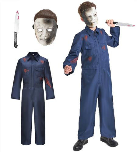 Michael Myers Kostüm für Kinder 3-teiliges Halloween Michael Myers Maske und Blutverschmiertes Messer Horror Cosplay Kostüm Set für Halloween Fasching Arbeitsoveralls Overall Blau Navy G048S Michael Myers Kostüm für Kinder 3-teiliges Halloween Michael Myers Maske und Blutverschmiertes Messer Horror Cosplay Kostüm Set für Halloween Fasching Arbeitsoveralls Overall Blau Navy G048S von Geplaimir