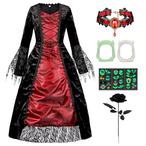 Vampir Kostüm Kinder Königin Halloween Kostüm Mädchen Kleid Verkleidung mit Halsband und Schwarz Gothic Rose Kinder-Vampirgebiss Vampir Halskette Karneval Mottoparty Dracula Cosplay Party G052L Vampir Kostüm Kinder Königin Halloween Kostüm Mädchen Kleid Verkleidung mit Halsband und Schwarz Gothic Rose Kinder-Vampirgebiss Vampir Halskette Karneval Mottoparty Dracula Cosplay Party G052L von Geplaimir