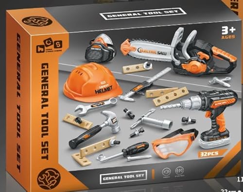 32 teiliges Werkzeugkoffer Kinder Spielzeug, Werkzeugkoffer Kinder, mit Motorsäge, Elektrische Bohrmaschine, Rollenspiel Spielzeug ab 3 4 5 6 Jahre Jungen & Mädchen von Gerbala