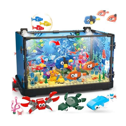 Aquarium Building Block, Aquarium Fish Tank Bauspielzeug Mit Led Licht, Fischen Tank Klemmbausteine Bausatz, mit Drehbare Quallen, Korallen, Tiefseefische Für Kinder Ab 8 Jahren Und Erwachsene von Gerbala
