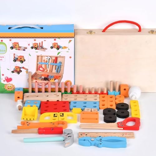 Children's Wooden Tool Box, 42 Pieces, Wooden Tool Portable Tool Box, Children's Wooden Toys, Tool Set, Montessori Toy, Learning Toy, Wooden Tool Box, Gifts for Children from 3-6 Years (Baumaschinen) von Gerbala