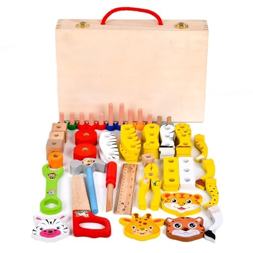 Children's Wooden Tool Box, 42 Pieces, Wooden Tool Portable Tool Box, Children's Wooden Toys, Tool Set, Montessori Toy, Learning Toy, Wooden Tool Box, Gifts for Children from 3-6 Years (Tiere) von Gerbala