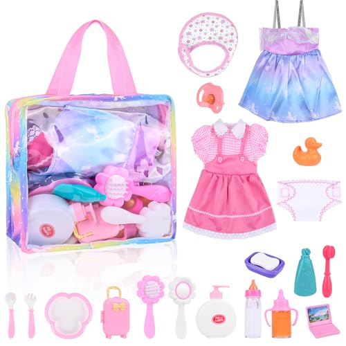 Gerbala Puppenzubehör Spielzeug, Baby Puppe Zubehör, -Babypuppe Fütterung und Pflege Set, Puppenkleidung Babypuppe Fütterungsset mit Magische Flasche Schnuller für Mädchen 3 4 5 6 Jahre von Gerbala