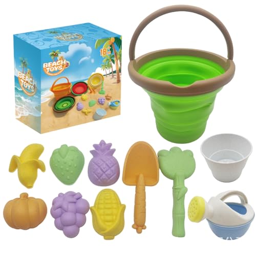 Gerbala Sandspielzeug für Kinder, 11 Stück Sandspielzeug mit Kiwi Faltbarer Eimer, Sanspielzeugset, Sandspielzeug Strand, Sandkasten Spielzeug für Kinder 3 4 5 6 7 Jahre (Grün) von Gerbala
