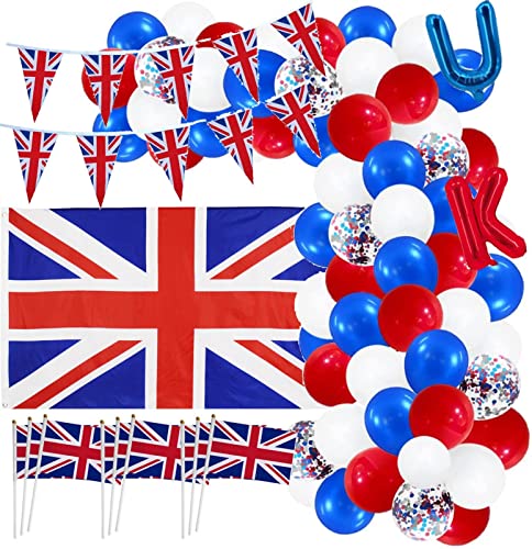 Gereton Union Jack Partyzubehör Set, Platinum_Jubilee Dekorationen, Union Jack Flaggenbanner, Rote/Blaue/Weiße Luftballons, für Feierlichkeiten zum VE-Tag, Königliche Party Dekorationen von Gereton