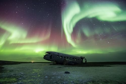Puzzle für Erwachsene, 1000 Teile, Aurora Polaris am Himmel über Island, DC 3 Wreckage Foto Foto Familie Lustig Herausfordernd Urlaub Puzzles Geschenk von Geroclonup
