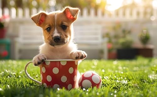 Puzzle für Erwachsene, 1000 Teile, ein kleiner schwarzer und hellbrauner Welpe, der in einer roten gepunkteten Kaffeetasse sitzt, Tierliebhaber, herausfordernde Puzzles für Freunde, Familie von Geroclonup