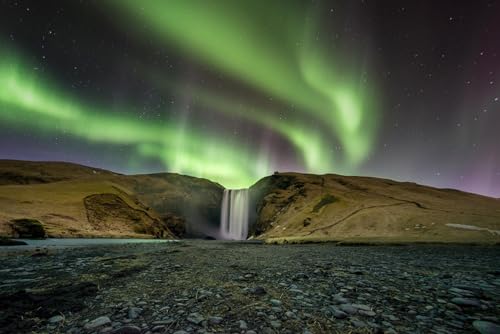 Puzzle für Erwachsene 1000 Teile Skogafoss Wasserfall Aurora Polaris KP9 Skoga Fluss Island Foto Foto Familie Lustig Herausfordernd Urlaub Puzzles Geschenk von Geroclonup