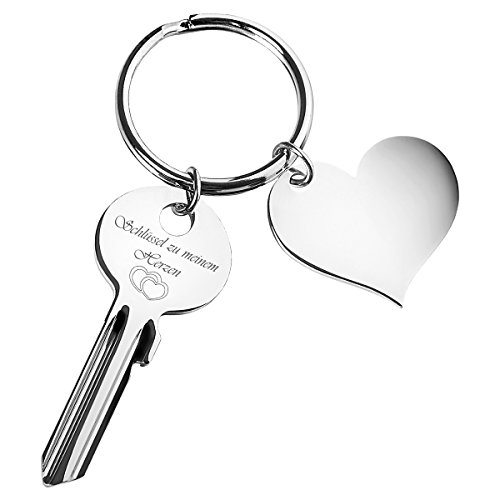 Geschenke 24 Schlüssel zu Meinem Herzen mit Personalisierung, Gravur Schlüssel zu Meinem Herzen mit Herz-Anhänger silberfarben von Geschenke 24