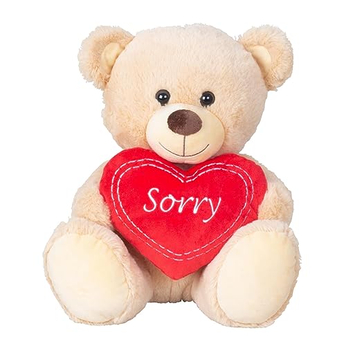 Geschenkestadl Teddybär mit Herz 30 cm Sorry Stickerei Teddy Kuscheltier Plüschtier Hellbraun Stofftier Entschuldigung von Geschenkestadl