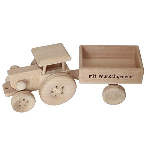 Geschenkissimo Traktor mit Anhänger - personalisiert mit Name - Spielzeug Trecker aus Holz mit Gravur für Kinder - Holzspielzeug, Deko, Geburtstagsgeschenk, Kindergeschenk von Geschenkissimo