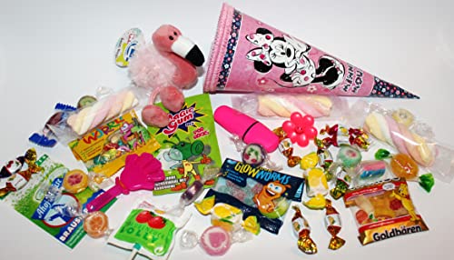 101672 kleine gefüllte Schultüte 22cm Flamingo Plüsch Anhänger mit Spielsachen & Schulbedarf als Geschenk zum Schulanfang Zuckertüte von Geschenkpost24