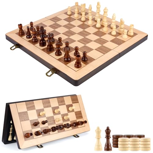15-Zoll-Magnetisches Holzschach- und Dame-Spielset Klassisches Faltbrettspiel mit gefilztem Spielbrett-Innenraum zur Aufbewahrung 2 Extra Damenfiguren-Aufbewahrungsfächer 15-Zoll-Magnetisches Holzschach- und Dame-Spielset Klassisches Faltbrettspiel mit gefilztem Spielbrett-Innenraum zur Aufbewahrung 2 Extra Damenfiguren-Aufbewahrungsfächer von Gesserit