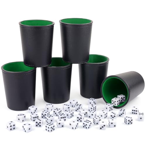 Gesserit Felt-gefüttertes Leder Würfelbecher-Set, 6 leise Würfelbecher mit 36 Würfeln für Bar-Party Yahtzee Farkle Würfelspiele, Schwarz und Grün von Gesserit