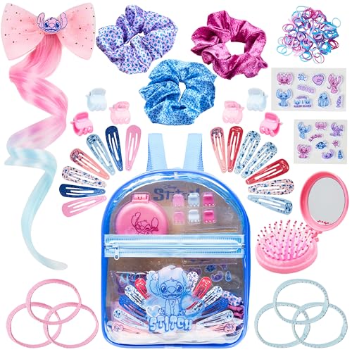 Get Trend Disney Stitch Mädchen Haarschmuck Set mit Mini Kinderrucksack Transparent, Haarspangen, Haarklammern, Haarbürste, Haargummis (Blau Stitch) von Get Trend