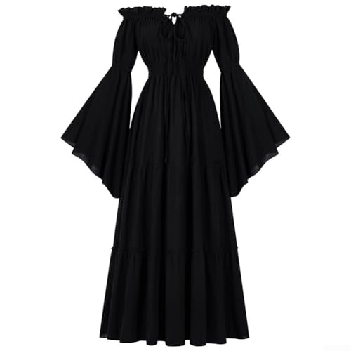 Mittelalterliches Renaissance-Kleid für Damen mit langen Trompetenärmeln für Cosplay-Veranstaltungen und Kostümpartys (M Schwarz) von Getdoublerich