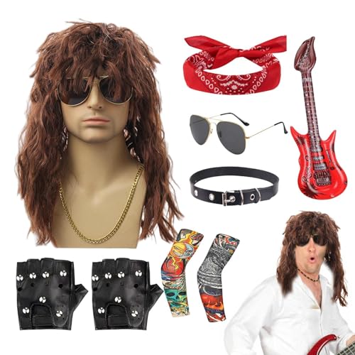 Geteawily 80er Jahre Rocker-Kostüm für Herren - 9-teiliges Herren-Rocker-Heavy-Metal-Kostüm 70er-80er-Jahre-Rocker-Perücken Geteawily 80er Jahre Rocker-Kostüm für Herren - 9-teiliges Herren-Rocker-Heavy-Metal-Kostüm 70er-80er-Jahre-Rocker-Perücken von Geteawily