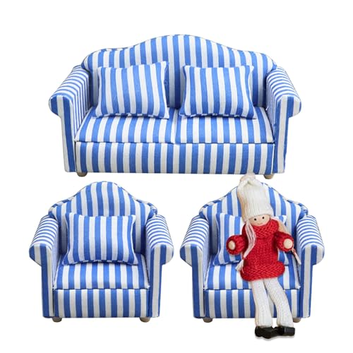 Geteawily Miniatur-Puppenhaus-Couch-Sofa, Puppenhaus-Couch mit Kissen - Miniatur-Sofa-Sessel-Spielzeug im Maßstab 1:12,Miniatursofa aus Holzstoff, rote und weiße Streifen, hochsimuliertes von Geteawily