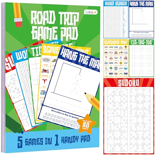 Road Trip Game Pad, 80 perforierte Blätter, Reiseaktivitätspad, 5 Spiele in 1 Pad, Flugzeug, Autofahrt, Bleistift und Papierspiel für Kinder, Erwachsene (15,2 x 22,9 cm) von Gethelud