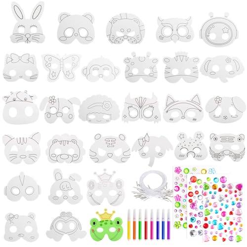 Getyjoe Masken zum Ausmalen für Kinder 28 Stück Blanko Papiermasken Tiermasken zum Bemalen Kin der DIY Masken Kinder mit 8 Aquarellstifte und 3 Blatt Strasssteine Selbstklebend für Ostern Weihnachten von Getyjoe